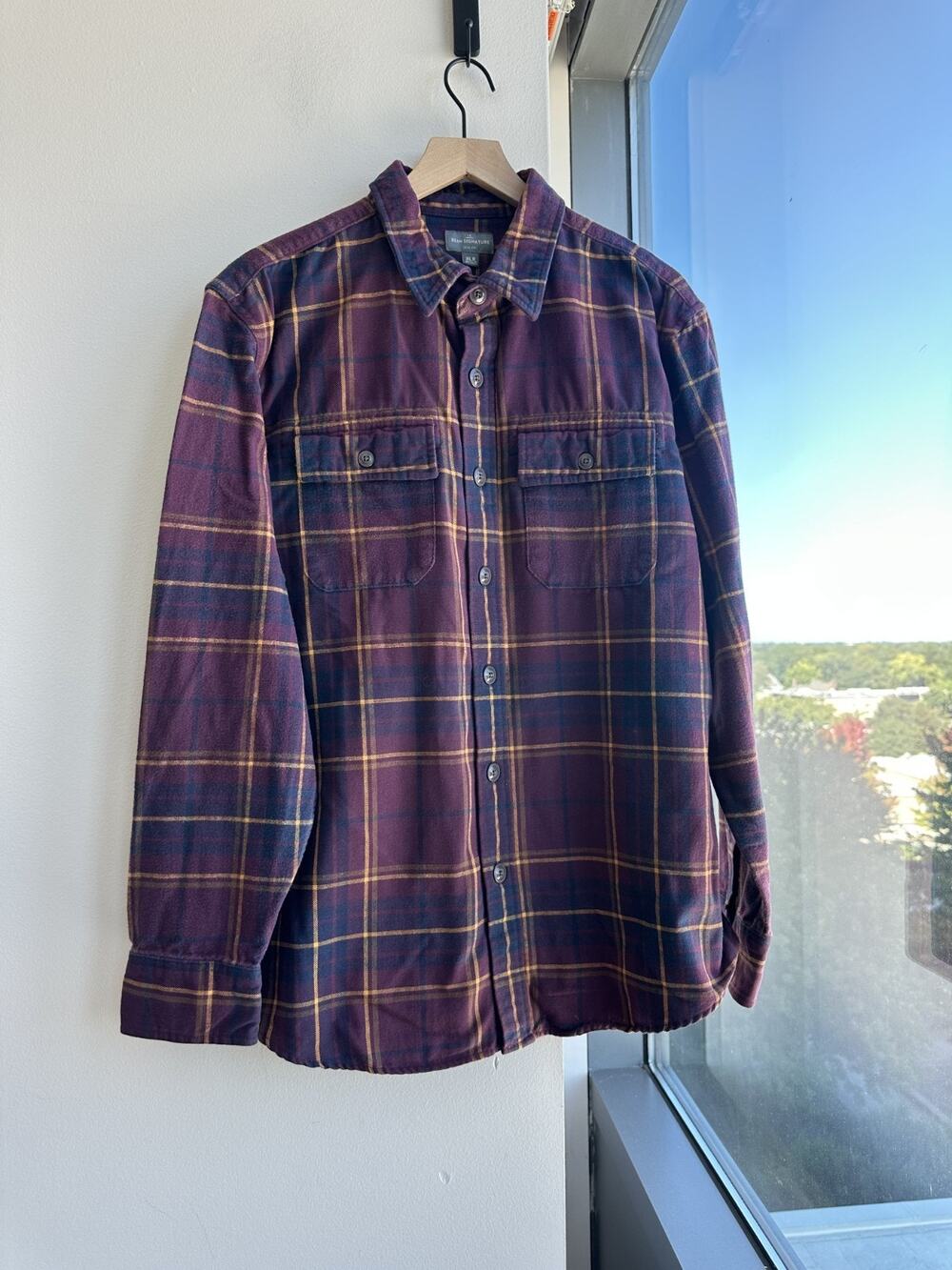 L.L.Bean Signature Purple Orange Plaid 100% Cotton Button Down Shirt Sz XL